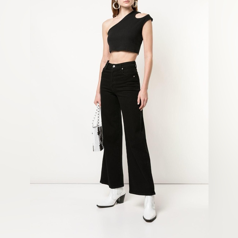 Telfar Black Ribbed Ultra Mini Crop  Asymmetrical Shoulder cut out top XS/small